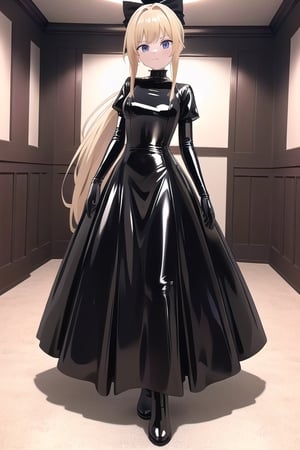 Black latex dress with long ball gown skirt, huge black latex bow at the waist, long black latex gloves, high black latex booties, long blonde hair with ponytail with enormous latex bow, Alicezuberg, 1girl, solo, medium breasts, standing, looking at viewer, indoor, basement, blue color basement, fullbody, ENTIRE PLANE, (extremely detailed CG unity 8k wallpaper), (ultra-detailed), (best illustration), (best shadow), (an extremely delicat EEe and beautiful), finely detail, (shine), 