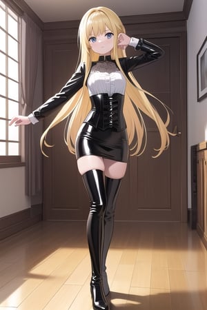 black latex long pencil skirt, black shirt, black latex Corset top, black thigh high boots long blonde hair, alicezuberg, 1girl, solo, standing, medium breasts, indoor, dance room, looking at viewer, fullbody,  ENTIRE PLANE, (extremely detailed CG unity 8k wallpaper), (ultra-detailed), (best illustration), (best shadow), (an extremely delicat EEe and beautiful), finely detail, (shine),