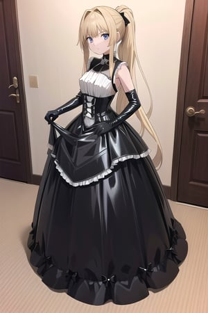 Black latex dress with long ball gown skirt, huge black latex bow at the waist, long black latex gloves, high black latex booties, long blonde hair with ponytail with very enormous black latex bow, Alicezuberg, 1girl, solo, medium breasts, indoor, black basement, standing, looking at viewer, fullbody, ENTIRE PLANE, (extremely detailed CG unity 8k wallpaper), (ultra-detailed), (best illustration), (best shadow), (an extremely delicat EEe and beautiful), finely detail, (shine), ,Alicezuberg 