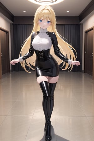 black latex long pencil skirt, black shirt, black latex Corset top, black thigh high boots long blonde hair, alicezuberg, 1girl, solo, standing, medium breasts, indoor, dance room, looking at viewer, fullbody,  ENTIRE PLANE, (extremely detailed CG unity 8k wallpaper), (ultra-detailed), (best illustration), (best shadow), (an extremely delicat EEe and beautiful), finely detail, (shine),