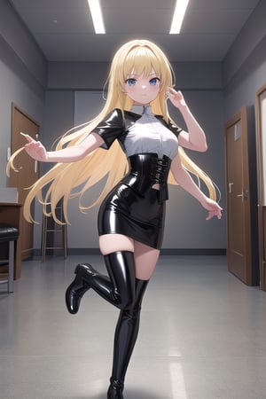 black latex long pencil skirt, black shirt, black latex Corset top, black thigh high boots long blonde hair, alicezuberg, 1girl, solo, standing, medium breasts, indoor, dance room, looking at viewer, fullbody,  ENTIRE PLANE, (extremely detailed CG unity 8k wallpaper), (ultra-detailed), (best illustration), (best shadow), (an extremely delicat EEe and beautiful), finely detail, (shine),