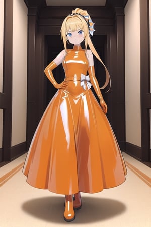 Orange latex dress with long ball gown skirt, huge orange latex bow at the waist, long orange latex gloves, high orange latex booties, long blonde hair with ponytail with enormous orange latex bow, Alicezuberg, 1girl, solo, medium breasts, indoor, orange basement, standing, looking at viewer, fullbody, ENTIRE PLANE, (extremely detailed CG unity 8k wallpaper), (ultra-detailed), (best illustration), (best shadow), (an extremely delicat EEe and beautiful), finely detail, (shine),