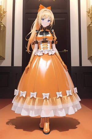 Orange latex dress with long ball gown skirt, huge orange latex bow at the waist, long orange latex gloves, high orange latex booties, long blonde hair with ponytail with enormous orange latex bow, Alicezuberg, 1girl, solo, medium breasts, indoor, orange basement, standing, looking at viewer, fullbody, ENTIRE PLANE, (extremely detailed CG unity 8k wallpaper), (ultra-detailed), (best illustration), (best shadow), (an extremely delicat EEe and beautiful), finely detail, (shine),