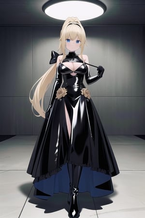 Black latex dress with long ball gown skirt, huge black latex bow at the waist, long black latex gloves, high black latex booties, long blonde hair with ponytail with enormous latex bow, Alicezuberg, 1girl, solo, medium breasts, standing, looking at viewer, indoor, basement, blue color basement, fullbody, ENTIRE PLANE, (extremely detailed CG unity 8k wallpaper), (ultra-detailed), (best illustration), (best shadow), (an extremely delicat EEe and beautiful), finely detail, (shine), 