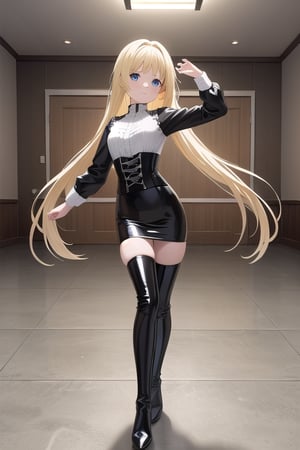 black latex long pencil skirt, black shirt, black latex Corset top, black thigh high boots long blonde hair, alicezuberg, 1girl, solo, standing, medium breasts, indoor, dance room, looking at viewer, fullbody,  ENTIRE PLANE, (extremely detailed CG unity 8k wallpaper), (ultra-detailed), (best illustration), (best shadow), (an extremely delicat EEe and beautiful), finely detail, (shine),