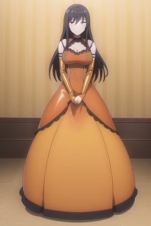 orange latex dress, orange high boots, long orange gloves, shiboshenxie, black hair, 1girl, solo, medium breasts, arms at the sides, standing, looking at viewer, indoor, gold basement, fullbody, (extremely detailed CG unity 8k wallpaper), (ultra-detailed), (best illustration), (best shadow), (an extremely delicate and beautiful), finely detail, (shine)