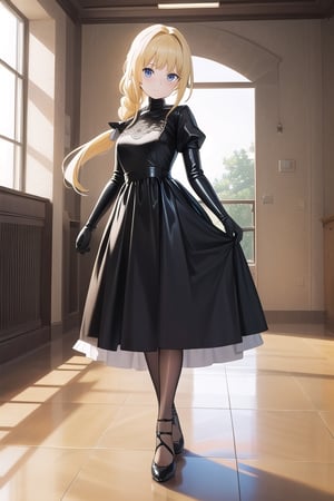 Big black latex ballgown dress, black latex gloves, hair with Pull-Through Braid Ponytail with very enormous black latex bow, closed skirt, long blonde hair, alicezuberg, 1girl, solo, standing, medium breasts, indoor, basement, looking at viewer, fullbody,  ENTIRE PLANE, (extremely detailed CG unity 8k wallpaper), (ultra-detailed), (best illustration), (best shadow), (an extremely delicat EEe and beautiful), finely detail, (shine),