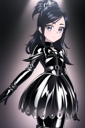black latex suit, black high boots, long black gloves, cure white, 1girl, solo, medium breasts, standing, looking at viewer, indoor, golden basement, fullbody, (extremely detailed CG unity 8k wallpaper), (ultra-detailed), (best illustration), (best shadow), (an extremely delicate and beautiful), finely detail, (shine),