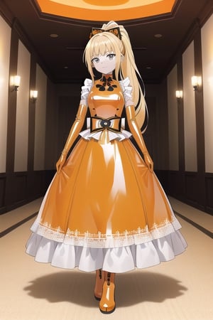 Orange latex dress with long ball gown skirt, huge orange latex bow at the waist, long orange latex gloves, high orange latex booties, long blonde hair with ponytail with enormous orange latex bow, Alicezuberg, 1girl, solo, medium breasts, indoor, orange basement, standing, looking at viewer, fullbody, ENTIRE PLANE, (extremely detailed CG unity 8k wallpaper), (ultra-detailed), (best illustration), (best shadow), (an extremely delicat EEe and beautiful), finely detail, (shine),