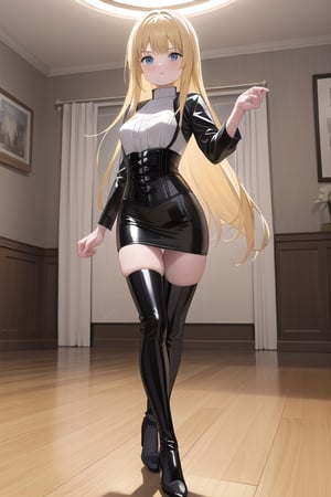 black latex long pencil skirt, black shirt, black latex Corset top, thigh high boots long blonde hair, alicezuberg, 1girl, solo, standing, medium breasts, indoor, dance room, looking at viewer, fullbody,  ENTIRE PLANE, (extremely detailed CG unity 8k wallpaper), (ultra-detailed), (best illustration), (best shadow), (an extremely delicat EEe and beautiful), finely detail, (shine),