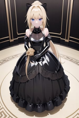 Black latex dress with long ball gown skirt, huge black latex bow at the waist, long black latex gloves, high black latex booties, long blonde hair with ponytail with enormous latex bow, Alicezuberg, 1girl, solo, medium breasts, standing, looking at viewer, indoor, gold color basement, fullbody, ENTIRE PLANE, (extremely detailed CG unity 8k wallpaper), (ultra-detailed), (best illustration), (best shadow), (an extremely delicat EEe and beautiful), finely detail, (shine), ,Alicezuberg 