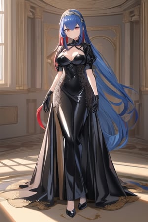 Black latex dress, black gloves, aleardef, blue and red hair, long hair,1girl, solo, medium breasts, standing, looking at viewer, indoor, golden basement, fullbody, (extremely detailed CG unity 8k wallpaper), (ultra-detailed), (best illustration),(best shadow), (an extremely delicate and beautiful), finely detail, (shine),