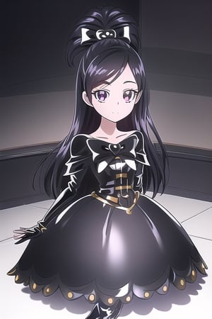 black latex dress, black high boots, long black gloves, cure white, 1girl, solo, medium breasts, standing, looking at viewer, indoor, golden basement, fullbody, (extremely detailed CG unity 8k wallpaper), (ultra-detailed), (best illustration), (best shadow), (an extremely delicate and beautiful), finely detail, (shine),