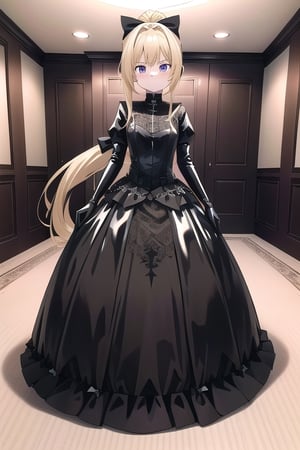 Black latex dress with long ball gown skirt, huge black latex bow at the waist, long black latex gloves, high black latex booties, long blonde hair with ponytail with very enormous black latex bow, Alicezuberg, 1girl, solo, medium breasts, indoor, black basement, standing, looking at viewer, fullbody, ENTIRE PLANE, (extremely detailed CG unity 8k wallpaper), (ultra-detailed), (best illustration), (best shadow), (an extremely delicat EEe and beautiful), finely detail, (shine), ,Alicezuberg 