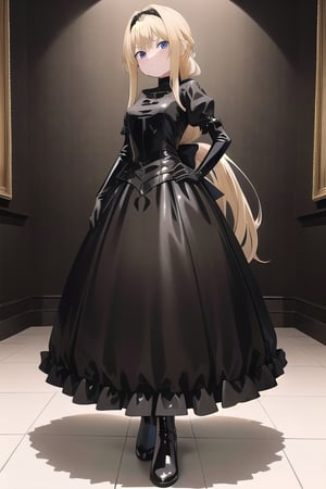 Black latex dress with long ball gown skirt, huge black latex bow at the waist, long black latex gloves, high black latex booties, long blonde hair with ponytail with very enormous black latex bow, Alicezuberg, 1girl, solo, medium breasts, indoor, black basement, standing, looking at viewer, fullbody, ENTIRE PLANE, (extremely detailed CG unity 8k wallpaper), (ultra-detailed), (best illustration), (best shadow), (an extremely delicat EEe and beautiful), finely detail, (shine), ,Alicezuberg 