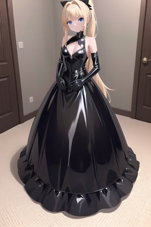 Black latex dress with long ball gown skirt, huge black latex bow at the waist, long black latex gloves, high black latex booties, long blonde hair with ponytail with enormous latex bow, Alicezuberg, 1girl, solo, medium breasts, standing, looking at viewer, indoor, basement, blue color basement, fullbody, ENTIRE PLANE, (extremely detailed CG unity 8k wallpaper), (ultra-detailed), (best illustration), (best shadow), (an extremely delicat EEe and beautiful), finely detail, (shine), 