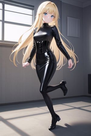 black latex long pencil skirt, black shirt, black latex Corset top, long blonde hair, alicezuberg, 1girl, solo, standing, medium breasts, indoor, dance room, looking at viewer, fullbody,  ENTIRE PLANE, (extremely detailed CG unity 8k wallpaper), (ultra-detailed), (best illustration), (best shadow), (an extremely delicat EEe and beautiful), finely detail, (shine),