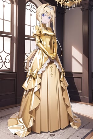 Gold latex dress with long ball gown skirt, huge gold latex bow at the waist, long gold latex gloves, high gold latex booties, long blonde hair with ponytail with enormous gold latex bow, Alicezuberg, 1girl, solo, medium breasts, standing, looking at viewer, indoor, gold color basement, fullbody, ENTIRE PLANE, (extremely detailed CG unity 8k wallpaper), (ultra-detailed), (best illustration), (best shadow), (an extremely delicat EEe and beautiful), finely detail, (shine), ,Alicezuberg 