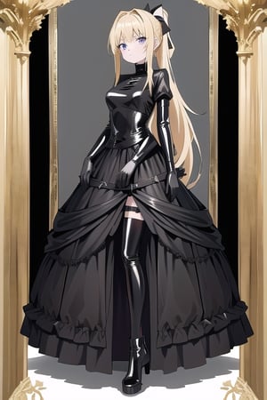 Black latex dress with long ball gown skirt, huge black latex bow at the waist, long black latex gloves, high black latex booties, long blonde hair with ponytail with enormous latex bow, Alicezuberg, 1girl, solo, medium breasts, standing, looking at viewer, indoor, gold color basement, fullbody, ENTIRE PLANE, (extremely detailed CG unity 8k wallpaper), (ultra-detailed), (best illustration), (best shadow), (an extremely delicat EEe and beautiful), finely detail, (shine), ,Alicezuberg 