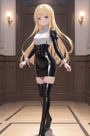 black latex long pencil skirt, black shirt, black latex Corset top, black thigh high boots long blonde hair, alicezuberg, 1girl, solo, standing, medium breasts, indoor, dance room, looking at viewer, fullbody,  ENTIRE PLANE, (extremely detailed CG unity 8k wallpaper), (ultra-detailed), (best illustration), (best shadow), (an extremely delicat EEe and beautiful), finely detail, (shine),