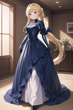 Big dark blue latex ballgown dress, dark blue latex gloves, hair with Pull-Through Braid Ponytail with very enormous dark blue latex bow, closed skirt, long blonde hair, alicezuberg, 1girl, solo, standing, medium breasts, indoor, basement, looking at viewer, fullbody,  ENTIRE PLANE, (extremely detailed CG unity 8k wallpaper), (ultra-detailed), (best illustration), (best shadow), (an extremely delicat EEe and beautiful), finely detail, (shine),