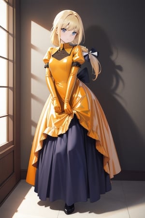 Big orange latex ballgown dress, orange latex gloves, hair with Pull-Through Braid Ponytail with very enormous dark blue latex bow, closed skirt, long blonde hair, alicezuberg, 1girl, solo, standing, medium breasts, indoor, basement, looking at viewer, fullbody,  ENTIRE PLANE, (extremely detailed CG unity 8k wallpaper), (ultra-detailed), (best illustration), (best shadow), (an extremely delicat EEe and beautiful), finely detail, (shine),