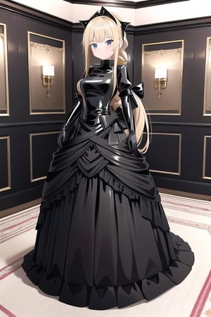 Black latex dress with long ball gown skirt, huge black latex bow at the waist, long black latex gloves, high black latex booties, long blonde hair with ponytail with enormous latex bow, Alicezuberg, 1girl, solo, medium breasts, standing, looking at viewer, indoor, gold color basement, fullbody, ENTIRE PLANE, (extremely detailed CG unity 8k wallpaper), (ultra-detailed), (best illustration), (best shadow), (an extremely delicat EEe and beautiful), finely detail, (shine), ,Alicezuberg 