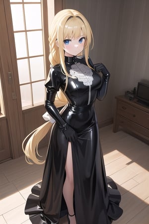 Big black latex ballgown dress, black latex gloves, hair with Pull-Through Braid Ponytail with very enormous black latex bow, closed skirt, long blonde hair, alicezuberg, 1girl, solo, standing, medium breasts, indoor, basement, looking at viewer, fullbody,  ENTIRE PLANE, (extremely detailed CG unity 8k wallpaper), (ultra-detailed), (best illustration), (best shadow), (an extremely delicat EEe and beautiful), finely detail, (shine),