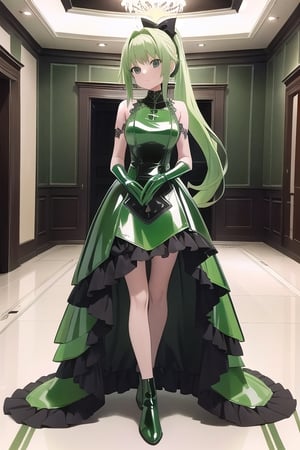Green latex dress with long ball gown skirt, huge green latex bow at the waist, long green latex gloves, high green latex booties, long green hair with ponytail with enormous green latex bow, Alicezuberg, 1girl, solo, medium breasts, indoor, green basement, standing, looking at viewer, fullbody, ENTIRE PLANE, (extremely detailed CG unity 8k wallpaper), (ultra-detailed), (best illustration), (best shadow), (an extremely delicat EEe and beautiful), finely detail, (shine), 