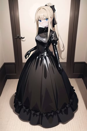 Black latex dress with long ball gown skirt, huge black latex bow at the waist, long black latex gloves, high black latex booties, long blonde hair with ponytail with very enormous black latex bow, Alicezuberg, 1girl, solo, medium breasts, indoor, black basement, standing, looking at viewer, fullbody, ENTIRE PLANE, (extremely detailed CG unity 8k wallpaper), (ultra-detailed), (best illustration), (best shadow), (an extremely delicat EEe and beautiful), finely detail, (shine), ,Alicezuberg 