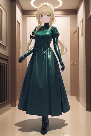 Big dark green latex ballgown dress, dark green latex gloves, hair with Pull-Through Braid Ponytail with very enormous dark blue latex bow, closed skirt, long blonde hair, alicezuberg, 1girl, solo, standing, medium breasts, indoor, basement, looking at viewer, fullbody,  ENTIRE PLANE, (extremely detailed CG unity 8k wallpaper), (ultra-detailed), (best illustration), (best shadow), (an extremely delicat EEe and beautiful), finely detail, (shine),