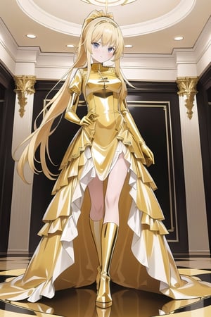 Gold latex dress with long ball gown skirt, huge gold latex bow at the waist, long gold latex gloves, high gold latex booties, long blonde hair with ponytail with enormous gold latex bow, Alicezuberg, 1girl, solo, medium breasts, standing, looking at viewer, indoor, gold color basement, fullbody, ENTIRE PLANE, (extremely detailed CG unity 8k wallpaper), (ultra-detailed), (best illustration), (best shadow), (an extremely delicat EEe and beautiful), finely detail, (shine), ,Alicezuberg 