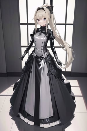 Grey latex dress with long ball gown skirt, huge grey latex bow at the waist, long grey latex gloves, high grey latex booties, long blonde hair with ponytail with enormous grey latex bow, Alicezuberg, 1girl, solo, medium breasts, indoor, grey basement, standing, looking at viewer, fullbody, ENTIRE PLANE, (extremely detailed CG unity 8k wallpaper), (ultra-detailed), (best illustration), (best shadow), (an extremely delicat EEe and beautiful), finely detail, (shine), ,Alicezuberg 