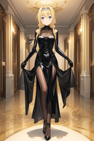 Black latex dress, black gloves, Alice Zuberg, 1girl, solo, blonde hair, braided ponytail with golden bow, standing, looking at viewer, indoor, golden basement, fullbody, (extremely detailed CG unity 8k wallpaper), (ultra-detailed), (best illustration),(best shadow), (an extremely delicate and beautiful), finely detail, (shine),