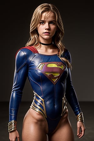 Emma Watson the actress as Supergirl, front view, Supergirl crest, lewd suit, Supergirl very skimpy slavery suit, green metal slave collar, (16years old:1.7), (neckline-crest showing her bust between the crest lines), full exposed, (pink erected nipples), (perky perky nipples), exposed breasts, pussy, exposed pussy, exposed vagina, beauty pussy, labia majora, (erected clitoris), (very strong and toned body), (16years old body), (intense light blue eyes), golden blonde, skimpy slavery suit. photorealistic,analog,realism,photorealistic,godpussy1,pussy,rear pussy