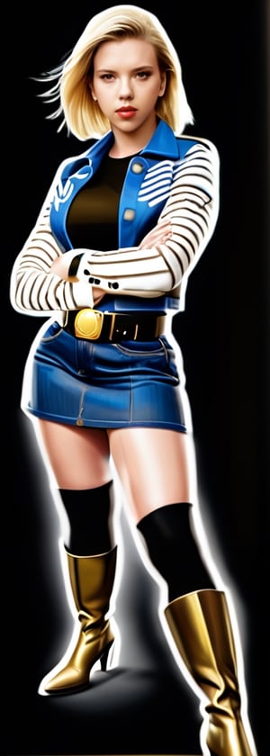 Hyperrealistic, photorealistic, Scarlett Johanson,sks woman,Android_18_DB, 16 years old petite girl, straight curtains blonde haircut, sexy shoot, black shirt with white striped sleeves, blue denim jacket with Gold buttons, blue denim miniskirt with black leather belt and Gold buckle, exposed legs, bare legs, light skin legs, Brown leather boots, looking_at_viewer, crossed_arms,scarlett johansson,android 18