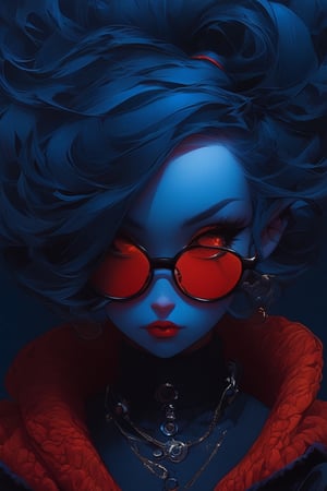 cartoon girl with glasses, blue, in the style of natalie shau, dark orange and red, junya watanabe, bill gekas, exquisite detail, psychedelic manga,