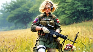 1girl, best quality, uniform, microphone, assault rifle, thigh holster, military uniform, weapon, skirt, glasses, gloves, animal, pug, krag jorgensen, m1911, dog, first aid kit, pantyhose, snake, long sleeves, fn fal, green skirt, military, m60, rifle, bandages, long hair, blonde hair, military operator, load bearing vest, handgun, watch, machine gun, solo, holster, short hair, bandage over one eye, headset, gun, green eyes, masterpiece, newest, absurdres, safe