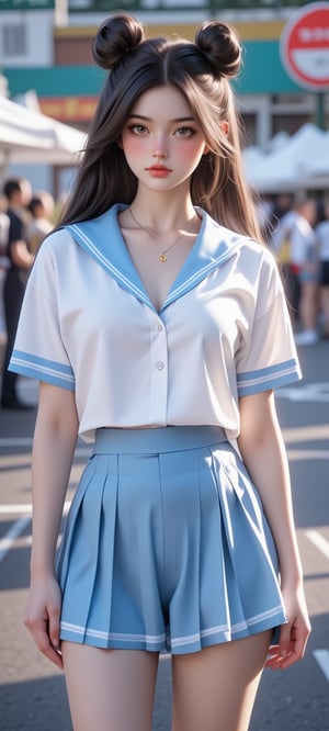 1girl, solo, long hair, looking at viewer, skirt, shirt, black hair, school uniform, standing, white shirt, short sleeves, cowboy shot, pleated skirt, parted lips, serafuku, sailor collar, necklace, hair bun, blurry, lips, blue skirt, see-through, double bun, blurry background