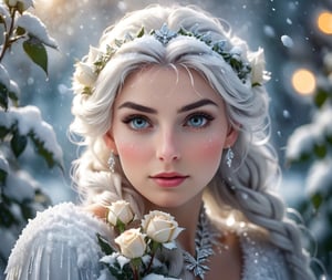 A close up portrait of The Snow Queen, white roses covered with rime, crystallized product photography, soft light, volumetric lighting, ultra-detailed character, 50mm, f2. 8, ISO 100, sharp focus, epic snowstorm background, warm lights
