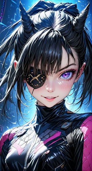 Juri , black hair,two-tone hair, hair horns, purple eyes, eyepatch, bodysuit, clothing cutout, standing, upper body, evil smile, night club,(insanely detailed, beautiful detailed face,beautiful detailed eyes, masterpiece, best quality) , solo, dinamic poses, shinning eyes,dal-1