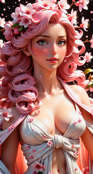 close-up upper body portrait: milk streams flooding sinful living flower statue of Venus in a flowing robe of sakura flowers anime style glittering glamor bright pink voluptuous attractive detailed eyecandy breathtaking masterpiece perfect crafted flower statue created by Michelangelo polished intricate sakura cinema epic 4d epic master crafted hyper-detailed portrait dynamic volumetric lighting hyper-realistic photorealistic octane render, by greg rutkowski, perfect detailed face, perfect detailed hair, perfect composition, symmetry