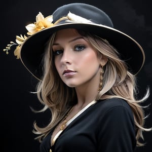 Minimalistic, abstract style. A woman in a black wide-brimmed hat (grayscale). From the side. A golden flower on the chest. Abstract, fantastic, romantic, soft, elegant and detailed, black background.