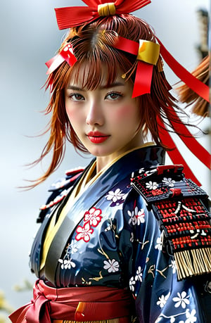 1girl,cute Face,dressed in samurai-style armor, She wears traditional Japanese armor reminiscent of a samurai,Blue coat, yellow hakama ,The design blends elegance with strength, portraying her as a warrior princess,(Large red head ribbon), Adorning her head is with a faintly red ribbon tied, shining brightly,warrior,samurai
,score_9