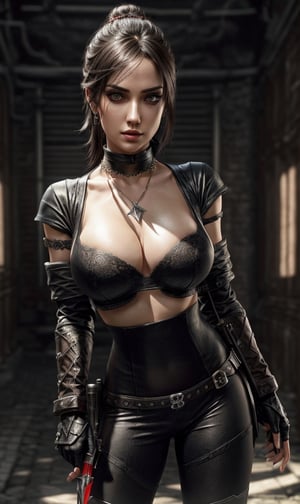 a (full body) short of a beautiful female assassin, full length portrait, photorealistic, wide field of view, sunlight and shadows, necklace, beautiful face, 8k, hdr, raytracing, black eyeliner, large eyes, big breast, hyper detailed eyes, sharp focus, full view, perfect composition, twin daggers, black leggings