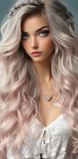 1girl, solo, long hair, looking at viewer, shirt, bow, jewelry, white shirt, (((upper full body))), whitelile hair, hair bow, lips, grey eyes, wavy lile hair, realistic
