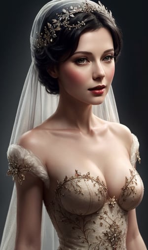 snow white and apple, intricate, medium breast, elegant, highly detailed, digital painting, artstation, concept art, smooth, sharp focus, illustration, 