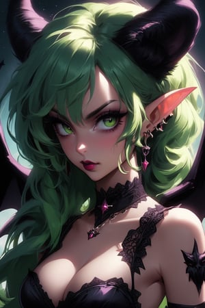 (best quality, masterpiece, colorful, dynamic angle, highest detailed)upper body photo, fashion photography of cute succubus girl, gothic, large demon red wings (high resolution textures), long green hair, (abstract art), half demon, crimson cat iris, cat eyes, vampire very long fangs, (intricate details, hyperdetailed:1.15), detailed, moonlight passing through hair, (official art, extreme detailed, highest detailed), real,art_booster