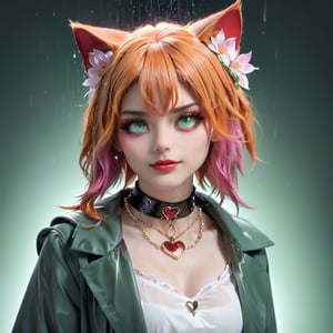 1girl, blue_eyes, solo, upper_body, animal_ears, choker, bangs, jewelry, heterochromia, collar, looking_at_viewer, flower, lips, heart, cat_ears, hair_ornament, blunt_bangs, hair_flower, red_eyes, shirt, long_sleeves, jacket, pink_lips,purple_hair, smile, ring, short_hair, white_hair, fingernails, chain, head_tilt, bandaid, pearl_necklace, piercing, makeup, white_shirt, black_choker, pink_flower, lilac background, ((masterpiece:1.5)), ((best quality)), (ultra-detailed), ((an extremely delicate and beautiful)), ((1girl)), (beautiful detailed green eyes:1.2), cat head, with tail, fluffy, cute eyes, blue pupil, detailed face, messy floating hair, disheveled hair, perfect hands,(wearing orange hat:1.3), complicated background, (illustration:2), (dynamic angle), (focus:1.4),(wearing a green rain coat:1.5),(orange Hair:1.5), messy hair