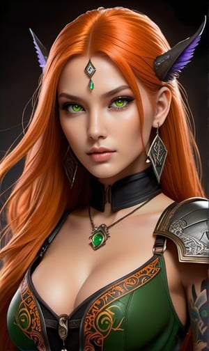 ((face and bust portrait):1.3) ((Ultra detailed face):1.2) ((Beautiful):1.1) ((Masterpiece quality):1.2) ((Dramatic Lighting, Detailing, Setting):1.2)

Art Direction:

Theme & Motif:

Primary Theme: Medieval Witch with Modern Influences
Secondary Themes: Mystery, Power, Youth
Recurring Motifs: Witch symbols, Runes, Tribal Tattoos, Stylish Outfits
Color Palette:

Primary Colors: Black, Dark Shades
Accent Colors: Orange (Hair), Green (Eyes), Vibrant Color Elements
Avoided Colors: None
Line Quality:

Type of Line: Strong, Bold, Dynamic Line Work
Line Intensity: Mixing Dark Lines and Loose Lines
Texture & Materials:

Surface Feel: Soft Shading, Textured
Material Inspirations: Intricate Armor, Fabric Embellishments from Final Fantasy Tactics
Perspective & Dimensionality:

Viewpoint: Two-thirds Portrait, Anatomically Accurate Facial Features
Depth: Maximum Resolution, Cartoony Stylized, Highly Detailed, Soft Focus
Interaction & Movement:

Energy Level: Dynamic, Expressive Character Emotion
Flow & Direction: Direct gaze at the viewer, Imposing Pose
Symbolism & Abstract Elements:

Symbolic Elements: Witch Symbols, Runes, Tribal Tattoo
Abstract Inspirations: Mystery, Power, Youthfulness, Boldness
Historical & Cultural Influences:

Era or Time Period: Medieval Fantasy with Modern Elements
Cultural References: Witchcraft, Stylish and Intricate Medieval Designs
Technology & Modernism:

Level of Tech: Digital Illustration, Watercolor Painting, Artstation Quality
Modern Elements: Sidecut Hair, Rock Jacket, Stylish Outfit
Inspirational References:

Artists & Works: Magali Villeneuve, Final Fantasy IX, Final Fantasy Tactics
Mood Boards: Dynamic Lighting and Shadows, Elevated Detail and Texture, Intricate Background Elements, Soft Shading and Texturing, Witch Symbols and Runes
Subject Details:

Identity & Personal Attributes:

Name: Vi Arcane (Inspired)
Gender: Female
Age: Teenager
Race: Human
Ethnicity: Not Defined
Height: Not Defined
Body Type: Not Defined
Physical Characteristics:

Hair Style & Color: Sidecut, Long Orange Hair

Eye Color: Green

Skin Color: Light

Distinguishing Features: Tribal Tattoo, Witch Symbols, Runes, Sidecut Hairstyle, Rock Jacket, Stylish Outfit

Clothing & Accessories: Black Shirt, Rock Jacket, Armor and Clothing Inspired by Final Fantasy Tactics, Intricate Embellishments on Armor and Fabric

Personality & Backstory:

Nature: Mysterious, Powerful
Alignment: Not Defined
Class: Witch
Personality Traits: Beautiful, Pretty, Modest, Dark-themed, Stylish, Bold
Background: This witch, taking the name Vi Arcane, is a perfect blend of medieval fantasy and modern style. Her mastery in witchcraft is evident through the symbols and runes that adorn her body. In the world she hails from, she is both revered for her powers and admired for her stylish choices.
Pose & Interaction:

Positioning: Centered, Posed for the Viewer
Action: Imposing Pose, Full Body
Interactions: None
Environment & Setting:

Location: Light Background, Character Sheet Setting
Time of Day: Not Defined
Weather: Not Defined
Mood: Dark, Dynamic, Bold, Realistic Sketch on Paper